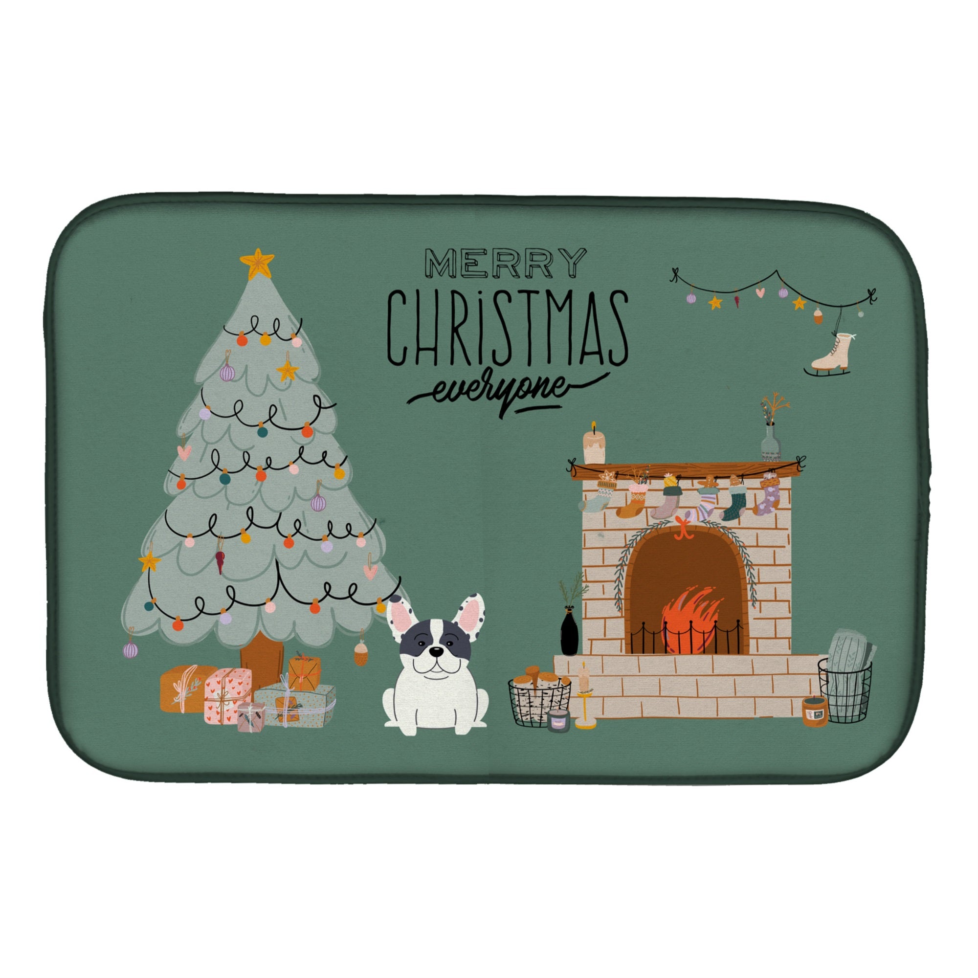Piebald French Bulldog Christmas Everyone Dish Drying Mat